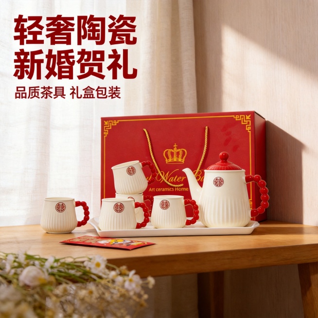 陶瓷茶具套装主图；[氛围风格] 轻奢高档家居治愈风，喜庆氛围；[画质] 商业摄影质感、光线柔和通透、产品清晰真实、画面干净高级，超高清2.8m画质；[元素]保持陶瓷茶具套装的外观（物理结构、米白色竖纹预览效果