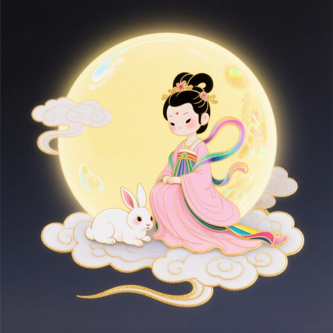可爱的Q版嫦娥和玉兔坐在月亮上，周围祥云环绕，淡黄色背景预览效果