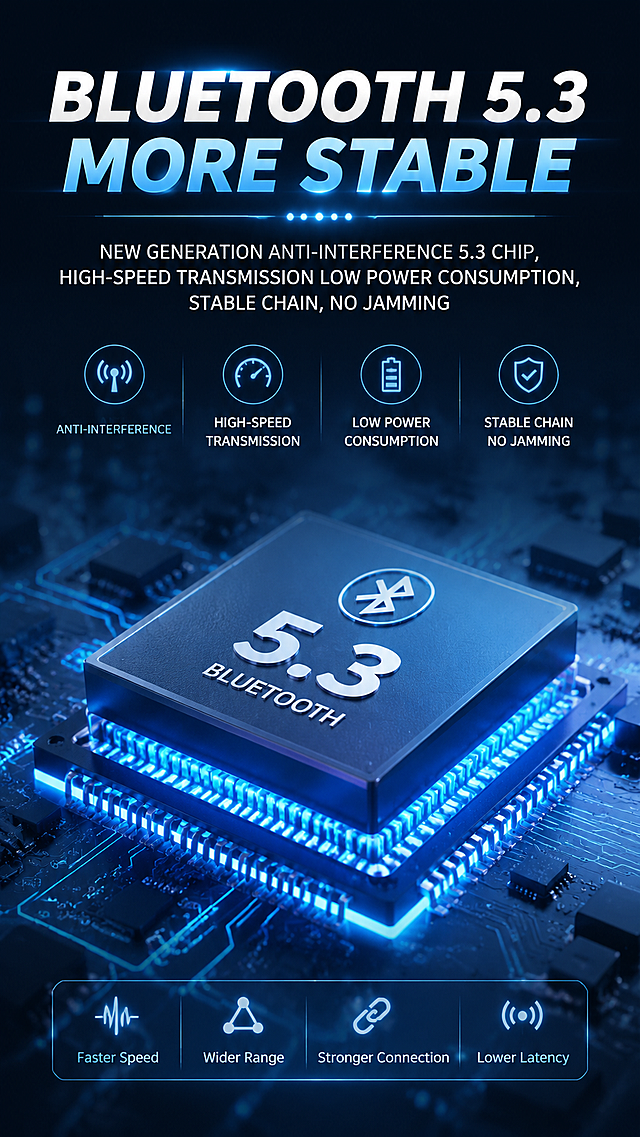 蓝牙5.3技术产品宣传图，展示新一代抗干扰5.3芯片特性，文字标注"BLUETOOTH 5.3 MORE STABLE。NEW GENERATION ANTI-INTERFERENCE 5.3 CHIP, HIGH-SPEED TRANSMISSION LOW POWER CONSUMPTION, STABLE CHAIN, NO JAMMING"，科技感背景，现代简约风格，数码电子卖点宣传设计