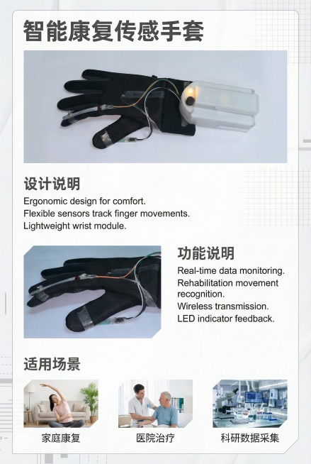 设计一个展板版式为竖a4，要求设计简约，展板物品为本课题面向手部术后或神经康复患者，设计一款用于量化康复训练的指环式设备。要求有设计说明，细节展示，整体展示，功能说明。使用我上传的图片为内容，版式内容预览效果