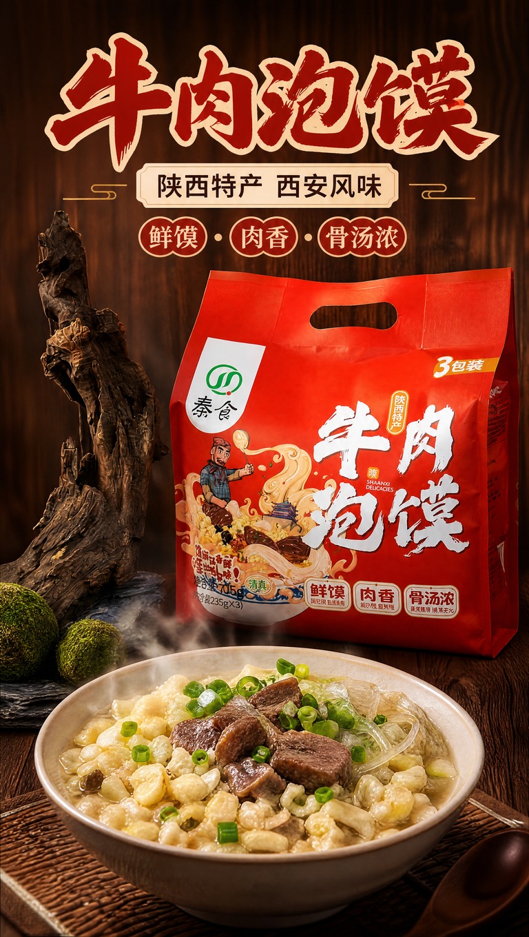 [商品] 使用【图1】红色袋装秦食牛肉泡馍三连包外袋；保留包装… - 图片创意预览