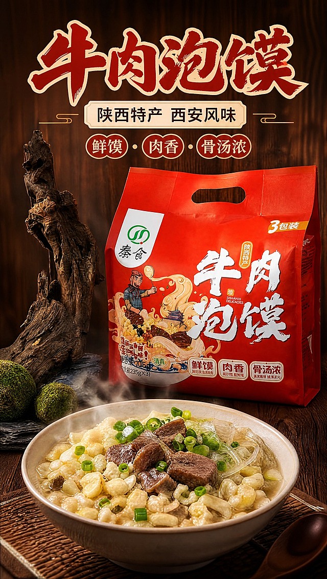 [商品] 使用【图1】红色袋装秦食牛肉泡馍三连包外袋；保留包装袋红色主色、白色圆形Logo区、绿色"秦食"品牌Logo、书法体"牛肉泡馍"大字、兵马俑人物插画、"陕西特产"标识、"鲜馍/肉香/骨汤浓"三枚圆形卖点标、"清真"标识、净含量705g文字及包装整体结构比例；商品处理：保留包装原貌，自然理顺袋型，增强印刷质感与色彩饱和度，不改变包装文字和图案。
[画面] 目标：食欲氛围头图，突出陕西特产牛肉泡馍的整体包装与成品食欲感。构图：上文下图，顶部标题区占画面30%，中部产品主体占画面50%，底部成品碗装泡馍占画面20%；产品正面微侧45度摆放，前景有一碗热气腾腾的牛肉泡馍成品（参考【图5】成品样貌），背景为深棕色实木纹理桌面，左侧点缀枯木与苔藓球中式摆件，蒸汽升腾营造刚出锅的热乎感；前中后三层景深，阅读动线从上至下。
[视觉] 套系策略：风格=中式国潮美食商业摄影风，暖调烟火气，陕西地域特色；标题字=粗黑体书法笔触，厚重有力；正文字=简洁无衬线黑体；主色=中国红+深棕木色；背景延展=基于深棕木色做深浅层级、同色渐变和细腻木纹质感；强调色=暖金色，仅用于小面积图标和装饰线条；标题色=中国红+米白底衬；正文色=深炭灰；组件=圆角米白底信息卡、细金线引线；光影=左前侧暖柔光，右侧补光，产品正面清晰，背景适度虚化。
[文字] 顶部居中主标题「牛肉泡馍」大字，副标题「陕西特产 西安风味」，下方三枚小卖点图标「鲜馍·肉香·骨汤浓」；文字不遮挡产品主体Logo和主视觉图案；所有文字横向排版。
[规格] 图片比例9:16竖版，4K分辨率，medium质量；避免变形、错字、文字过小、冷蓝/蓝灰背景、包装颜色改变、包装文字错乱。