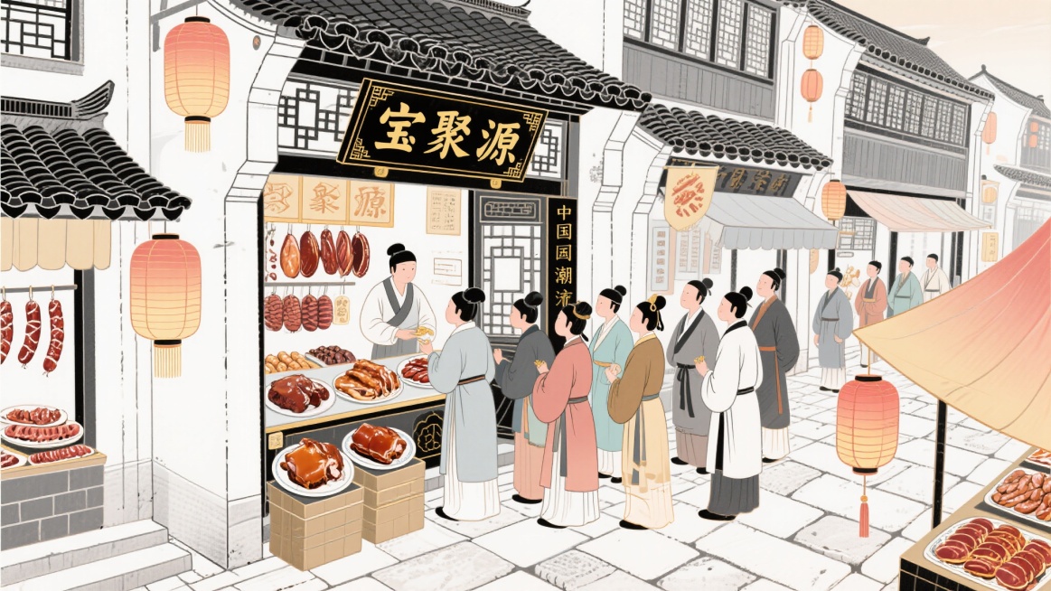 黑白线稿风格的古代建筑市集街景，中心是一家名为“宝聚源”的店铺，店铺门口摆放着各种肉类熟食，有酱肘子、卤味拼盘、香肠等，往来路人在店铺前排着长队等候购买，人物穿着古代服饰，街景中有灯笼、石板路、传统店预览效果
