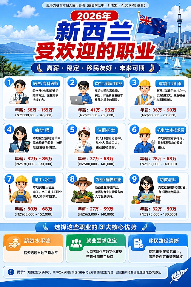 基于上传的参考图，提取其全部信息并重新排版设计为一张更清晰整洁的信息图，保持原图核心内容不变，重新组织版面层级。

【主标题】顶部醒目大字：「2026年 新西兰 受欢迎的职业」，副标：「高薪 · 稳定 · 移民友好 · 未来可期」。标题上方小字标注：「纽币为税前年薪人民币参照（按当前汇率：1 NZD ≈ 4.50 RMB 换算）」。

【中段·9个职业卡片重排】保留序号与对应职业图标，每条包含职业名、一句简要说明、年薪区间，统一对齐排列、间距均匀：
1「医生/专科医师」——「医疗行业长期短缺的高薪专业，医生需求持续扩大」，「年薪：58万-155万（NZ$130,000-345,000）」；
2「软件工程师/IT专业」——「英语沟通和写作能力突出，却是新西兰技术移民名单上的刚需」「年薪：41万-93万（NZ$90,000-208,000）」；
3「建筑工程师」——「新西兰基建的支柱之一，长期缺口大，就业机会与薪酬双优」「年薪：36万-90万（NZ$80,000-200,000）」；
4「会计师」——「本地企业招聘清单中需求稳定的职业，持证后薪资提升明显」「年薪：32万-85万（NZ$70,000-190,000）」；
5「注册护士」——「受人口老龄化影响，从业人员缺口大，职业路径清晰」「年薪：37万-63万（NZ$80,000-140,000）」；
6「机电/土木技术员」——「本地岗位需求稳定，是长期短缺的紧缺职业」「年薪：28万-63万（NZ$62,000-140,000）」；
7「电工/水工」——「本地资格认证后，电工、水工等技工职业需人才供不应求」「年薪：30万-68万（NZ$65,000-152,000）」；
8「农业/畜牧专业」——「新西兰的支柱产业，英语与专业技能兼备的人才受到扶持」「年薪：27万-59万（NZ$63,000-140,000）」；
9「幼教老师」——「受政府重视的幼教行业，有长期稳定需求」「年薪：32万-59万（NZ$75,000-130,000）」。

【底部·选择职业的3大核心优势】三栏并列色块区：「薪资水平高」「就业需求稳定」「移民路径清晰」，下方各配一句浅色小字说明（薪资远超当地平均水平 / 人口老龄化与数字化转型带来长期用工缺口 / 特定职业在绿名单上，满足条件可申请居留权）。

【底部提示条】浅色底提示框：「提示：海报数据仅供参考，具体收入以实际岗位与移民局公布的最新数据为准，建议提前准备语言成绩与工作经验。」

【视觉风格】保留原图蓝天白云海景与新西兰旗的清新蓝白色调氛围，保留海洋蓝、白色为主色，职业卡片用白底圆角卡片 + 蓝色系渐变数字徽章，分区色块使用蓝、绿、橙区分层级；字体为清晰现代中文字体，深浅对比明显；整体为干净的资讯信息图排版，网格对齐、留白更充足、层级一目了然，去掉原图的拥挤感与冗余装饰。

【画质】高清细腻，文字清晰完整可读，所有中文文字不出现错字、乱码或重叠，文字完整处于安全区内不可裁切，四周留安全边距。画质保持图文分离、无多余文字；不要出现原图的水印与模糊压缩痕迹。