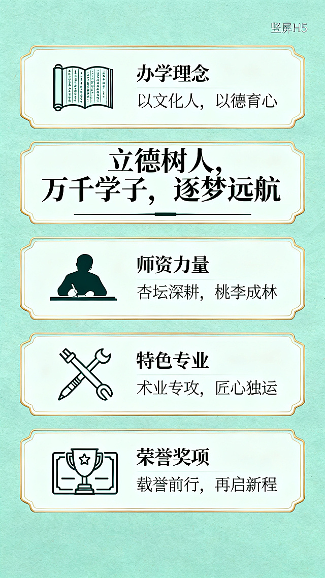 XX学校建校40周年H5育人成果页面，分四个卡片模块展示办学理念、师资力量、特色专业、荣誉奖项，标题文案“立德树人，深耕教育；万千学子，逐梦远航”，浅青绿色底色，简约卡片排版，书香氛围，竖屏设计，简约国风