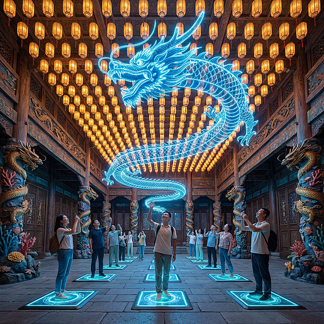 中国传统龙宫场景，空中悬吊矩阵灯笼海，地面有踩踏点可与空中灯笼互动，灯笼点亮后组成科技蓝色龙形图案，有游客游览，不出现文字，照片级渲染，远景视角，超清晰，高分辨率