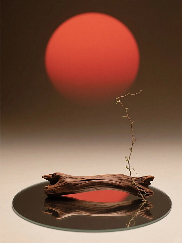 新中式美学。轻微俯视的特写的产品展示空场景图。一根横跨画面的粗壮的檀木，旁边是一支细细的藤蔓，都在放在底部的圆形镜面上。一轮血红的太阳在后面。背景深棕色弥散柔和渐变的。低饱和度色彩。