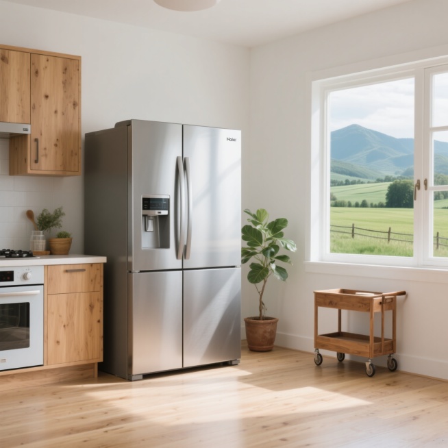 现代简约风格的银色双门海尔冰箱，位于宽敞明亮的乡村厨房内，白色墙面搭配原木色橱柜，窗外是绿色田野和远山，自然光透过大窗户洒入，地板为浅色实木，冰箱旁有一盆绿色植物和木质小推车，整体色调清新自然，光影柔和，营造出温馨舒适的居家氛围，高清晰度，写实摄影质感。预览效果