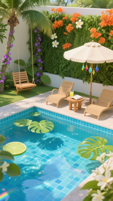 俯视构图，碧蓝几何泳池被热带天堂环绕，池边散落着三个藤编躺椅与配套原木小桌，桌上放着半杯冰镇柠檬水和一本翻开的书。右侧立着米白色遮阳伞，伞下悬挂着彩色玻璃风铃。泳池边缘镶嵌着荧光蓝色马赛克瓷砖，水面漂浮着几片巨大的龟背竹叶。背景墙改为垂直绿植墙，点缀着橙色三角梅与白色鸡蛋花。左侧棕榈树下增设原木色秋千椅，缠绕着紫色牵牛花藤蔓。午后阳光透过树叶在池面投下斑驳光影，水面折射出彩虹光斑，空气中弥漫着……预览效果