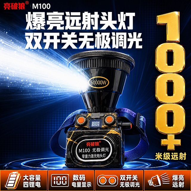 [单张主图] 亮破狼 M100 零重力激光炮头灯 拼多多爆款促销感主图 1张 1:1 目标是3秒内传达卖什么 强在哪 为何值得买 强转化高点击
[画面主体] 产品主体为亮破狼M100头灯 保持与输入产品图完全一致 黑色机身带金色裂纹纹理 大口径灯杯正面印有50000W金色椭圆标 中部双橙色圆形按键 中间数码电量显示屏显示88% 下方印有亮破狼红色Logo和M100无极调光零重力激光炮头灯白色字样 深蓝色织带 产品完整不裁切 占画面约55% 位于画面中右区域 略微仰视角度 灯头朝向前方偏左 体现爆亮远射的气势
[构图版式] 采用顶部大标题型爆款版式 三段式结构 顶部28%区域放品牌位和超大主标题 中部55%放产品主体加光束效果 底部17%放通栏卖点信息条 信息层级明确 主标题最大 产品第二 底部卖点第三
[场景元素] 背景使用深蓝色到黑色的科技感渐变 带细微网格线和径向光效 灯头前方射出一道强烈的白色聚光光束 光束穿透画面向左上方延伸 带空气感和光晕 体现远射1000+的爆亮效果 光束周围有细微粒子光效 产品下方有柔和的蓝色发光台面承托 避免悬浮感 左上角安全区放亮破狼品牌Logo 红色字体与产品一致 右侧竖排一个超大金色数字"1000+"作为视觉锚点 字体粗厚有力 底部通栏用橙黑撞色高对比信息条 分四格排列卖点 每格配一个简约线稿图标
[文案版式] 全部中文 横排 粗黑体强对比 主标题比辅助文案大2.5倍以上
顶部主标题两行超大白色粗黑体 第一行"爆亮远射头灯" 第二行"双开关无极调光" 字体厚重有力量感 带轻微外发光
右侧金色超大数字"1000+" 下方小字"米级远射"
底部通栏四格卖点从左到右 每格图标加文字 第一格电池图标配"大容量四锂电" 第二格显示屏图标配"数码电量显示" 第三格开关图标配"双开关无极调光" 第四格聚光灯图标配"爆亮远射"
左上角品牌位"亮破狼"红色小字 旁边M100型号白色小字
[光影质感] 商业摄影质感 主光从左前方打来 产品灯杯金属边缘有清晰高光 黑色塑料机身有细腻的环境反光 金色纹理清晰可见 按键有立体感 显示屏有数码发光效果 灯头前方光束强烈 有体积光和丁达尔效应 产品底部有柔和的接触阴影和蓝色环境光 整体光影统一 科技感强
[配色字体] 主色深蓝黑色 辅助色亮蓝色 强调色橙色和金色 字体全部使用粗黑无衬线体 字重对比强烈 主标题超粗黑 卖点文字中粗黑 数字最粗
[比例分辨率] 1:1正方形 2048x2048 2K分辨率 文字清晰锐利 产品细节清晰
[负向提示词] 产品变形 结构错误 按键数量不对 Logo错字 文字模糊 水印 平台Logo 拼多多标识 多余手指 手部畸形 背景杂乱 主体遮挡 悬浮感 塑料感过重 光束不真实 错字 漏字