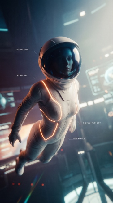 海报，隐约的淡彩褪色，非传统夸张构图，POV视角（独特视角），局部特写，对焦模糊，一个漂浮的隐约人机合体的女宇航员(深色泛光面罩+9头身绝美动态悬浮身姿)及场景+浅色极简概念拼色智能穿戴（柔性肌理及橙预览效果