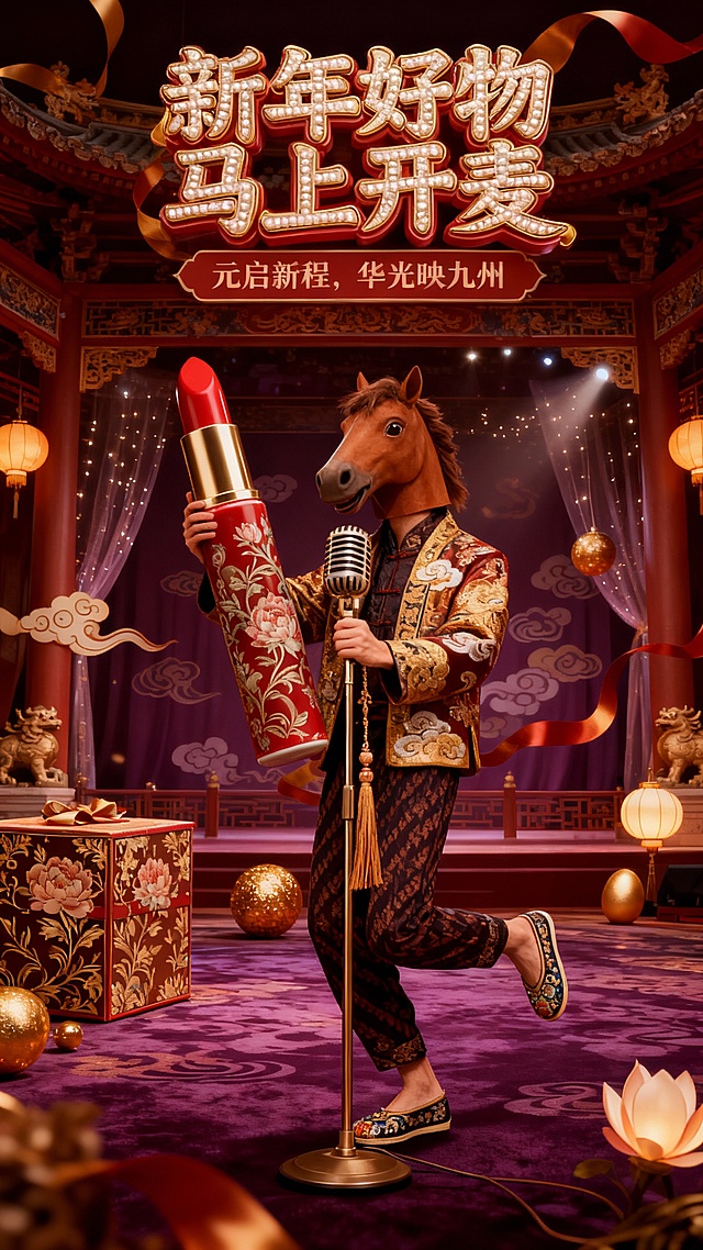 带中式棕色马头面具的模特（绣金云纹织锦外套+暗花罗纹长裤+嵌宝云头履），手持超级巨大化的朱红瓷釉口红，摆出灵动活泼的姿态，手握前方的中式立麦（麦身雕缠枝莲纹，坠流苏）；场景设定在雕梁画栋的华丽戏楼舞台上，舞台搭配描金缠枝莲纹礼盒、鎏金宫灯彩球、星光纱幔和嵌宝金蛋，周围飘着赤金祥云彩带制造氛围；画面顶部巨大的3D创意变形艺术字“新年好物 马上开麦”（字体融合篆隶风格，描金勾边，嵌珍珠纹样），副标题“元启新程，华光映九州”；中国风综艺宣传海报风格，背景为绛紫织金云纹幕布+深紫暗花绒毯地面，舞台柱廊雕祥云瑞兽，角落点缀玉兰花灯，整体融入马年新春国风意象，色调华贵厚重，尽显中式典雅奢华感