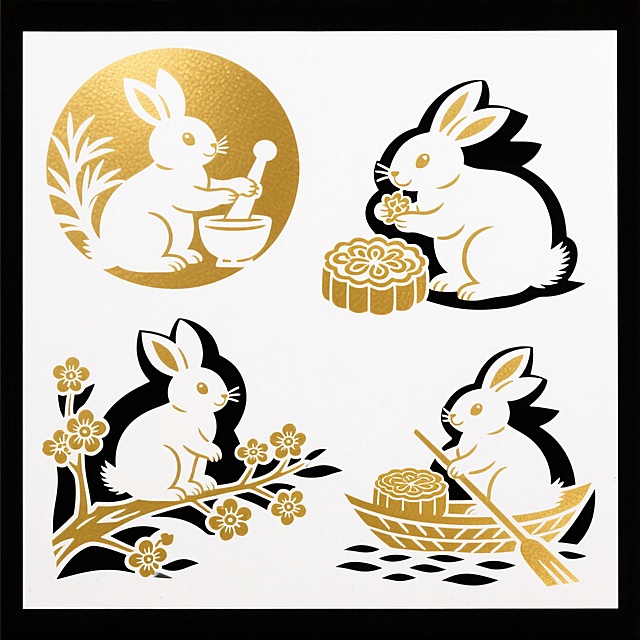 剪纸风与鎏金风结合，双色设计呈现中式古典韵味，拟人化玉兔演绎中秋趣味场景，融合民族感与喜庆氛围，温馨而富有节日情调。