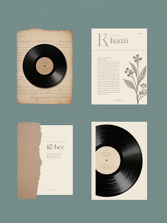 一套4个规整排布的杂志风格素材，采用复古杂志拼贴设计感，纯色背景，每个素材包含不同造型样式的复古元素。整体呈现怀旧文艺的氛围，色彩以米色、浅棕、黑色等复古色调为主，光影柔和，带有轻微的颗粒质感。素材中的元素包括类似黑胶唱片的圆形物体、复古纸张纹理、手写风格或衬线体的文字片段、植物线条插画等，元素排布具有清晰的视觉层级，排版讲究留白与信息传达效率，符合杂志设计的“设计感”，无水印。