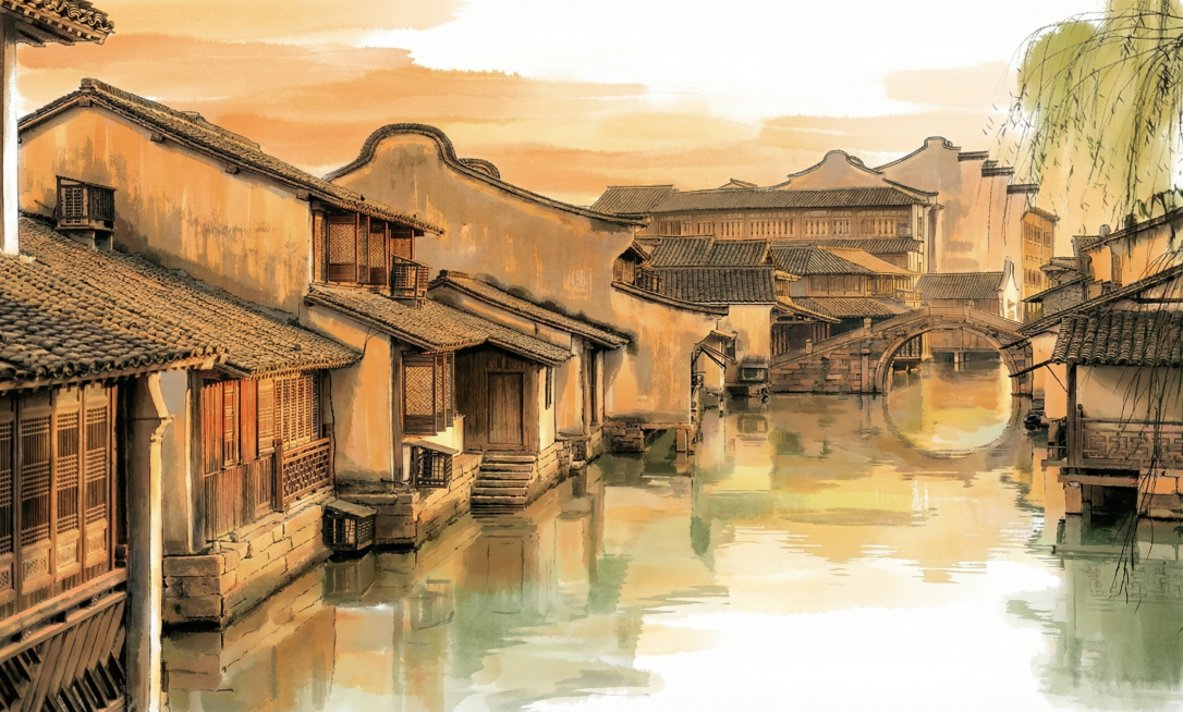 将这张江南水乡图片转换成彩色水墨风格，保留原图暖色调和阳光照射的温暖氛围，保留水乡古建筑和河道的构图，画面保留大量留白，适合作为背景使用预览效果