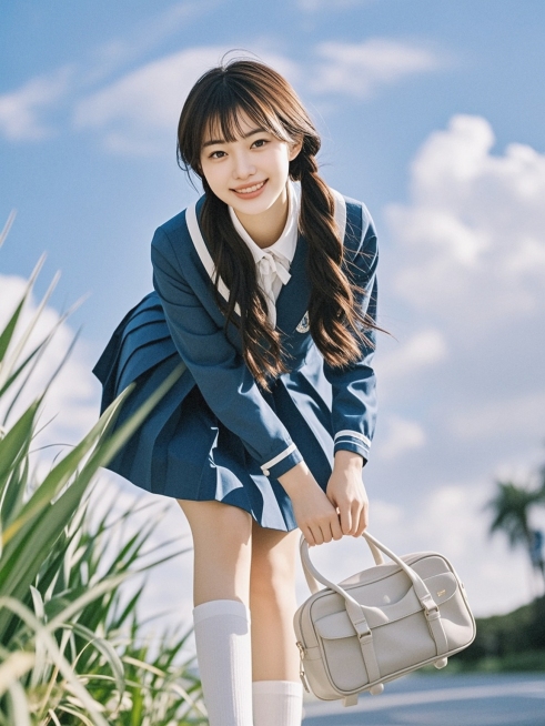 蓝天白云，日本，jk少女，弯腰朝向镜头，手拿包包，清爽的感觉，特写预览效果