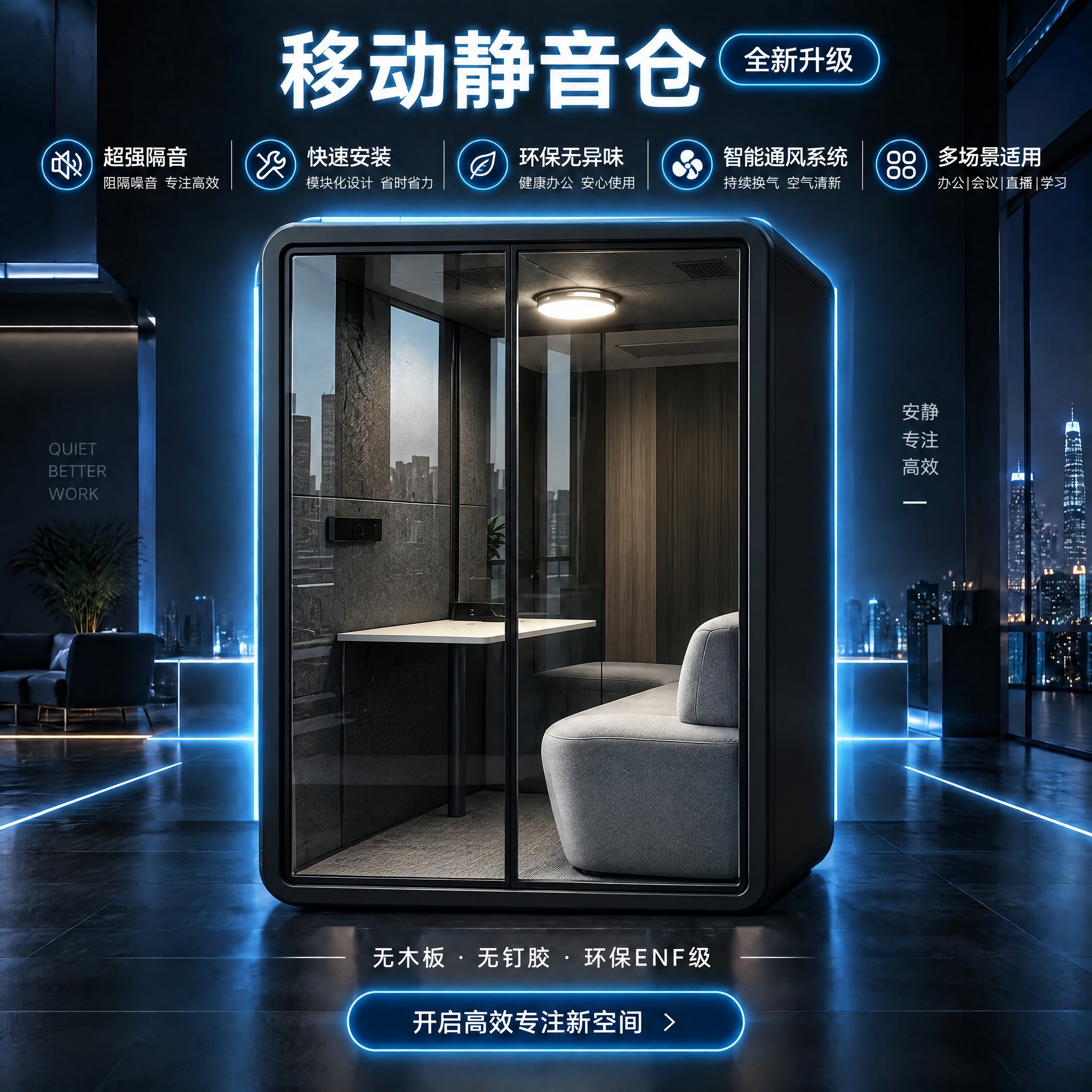 将图1海报中的移动静音仓产品替换为图2中的静音仓产品外观（双移… - 图片创意预览