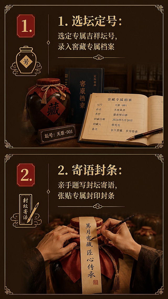 「图片1」，生成详情页，商品名称为天原真酒，竖版封坛窖藏酒产品详情图，使用我已上传的古铜雕花陶坛天原真酒图作为主视觉主体，产品为10斤装典藏封坛酒。
顶部主标题「封坛藏岁月 一坛寄初心」，副标题「天原真酒 · 10斤装专属祈福封坛」
第一板块·品质根基：横向排列4项核心品质，配简约图标
纯粮原浆零勾兑 | 百年古井天然水源 | 陶坛恒温窖藏陈化 | 传统固态酿造工艺
第二板块·专属封坛仪式（重点突出，分步骤清晰排版）：
标题「四重庄重仪轨 专属封坛体验」
1. 选坛定号：选定专属吉祥坛号，录入窖藏专属档案
2. 寄语封条：亲手题写封坛寄语，张贴专属封印封条
3. 祈福仪轨：举行庄重祈福仪式，寄予平安顺遂祝愿
4. 入窖颁证：封坛入恒温酒窖，颁发专属收藏证书
第三板块·四大适用场景：
子女周岁/成人礼纪念 | 家族寿宴/团圆年酒 | 企业开业/庆功纪念 | 个人收藏/品鉴投资
底部服务保障：专属刻字定制 · 酒厂免费代存 · 按需分装取用 · 随时预约探坛
风格：中式古典厚重，主色调深棕+朱砂红+烫金，呼应酒坛复古雕花质感，高端大气有仪式感，排版规整层级清晰，文字醒目易读，电商详情页质感，高清精致，无多余花哨元素。适配淘宝/天猫平台，单图比例为9:16，需求屏数为8张。