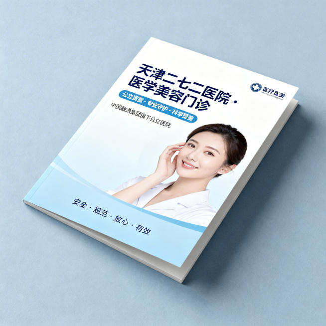 医疗机构宣传折页封面设计，主标题文字“天津二七二医院·医学美容门诊”，副标题文字“公立资质 · 专业守护 · 科学塑美”，标注“中国融通集团旗下公立医院”，宣传语“安全 · 规范 · 放心 · 有效”预览效果