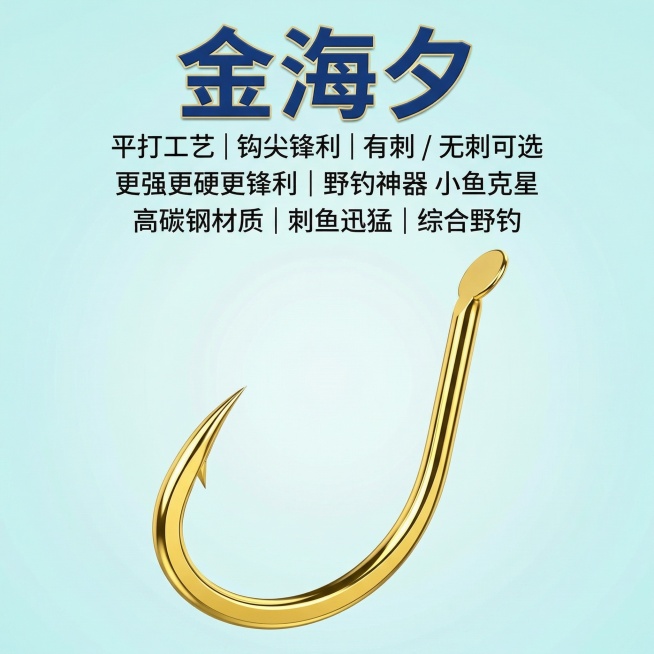 拼多多平台金海夕鱼钩1:1商品主图，简约醒目风格，仅展示1-2个金色金海夕鱼钩，保留例图鱼钩外观，产品名“金海夕”放大显示，文字与背景不同色，核心卖点文字：平打工艺 | 钩尖锋利 | 有刺 / 无刺可预览效果