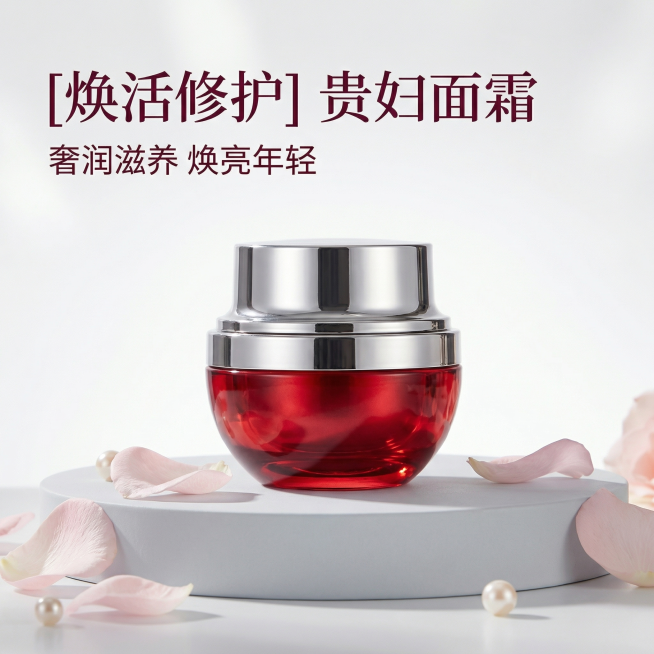 [主图 1] 高端护肤面霜首图
[氛围风格] 纯净高级科技感，高端精致美妆展示风
[画面元素] 商业摄影质感、光线柔和通透、产品清晰真实、画面干净高级。红银配色面霜居中放置，保留产品原有外观，浅灰色柔预览效果