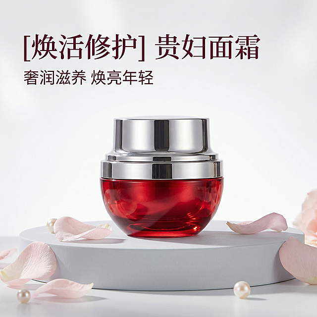 [主图 1] 高端护肤面霜首图
[氛围风格] 纯净高级科技感，高端精致美妆展示风
[画面元素] 商业摄影质感、光线柔和通透、产品清晰真实、画面干净高级。红银配色面霜居中放置，保留产品原有外观，浅灰色柔光静物台，搭配淡粉色花瓣和珍珠点缀，背景干净简洁，突出产品瓶身的质感和透光感，光影细腻柔和
[配色色系] 主色调：高级红银，辅助色：浅灰、淡粉
[视角构图] 平视中心构图，浅景深，背景虚化突出主体
[文字版式] 顶部居中左对齐，保留安全边距，主标题 "[焕活修护] 贵妇面霜" 深酒红色大号细衬线字体，副标题 "奢润滋养 焕亮年轻" 小号同色系，整体排版简洁高级
[比例分辨率] 1:1 比例，2k 分辨率，文字清晰可辨，超高清
[负向提示词] 变形，水印，文字错乱，产品图模糊，背景杂乱，暗沉，遮挡主体