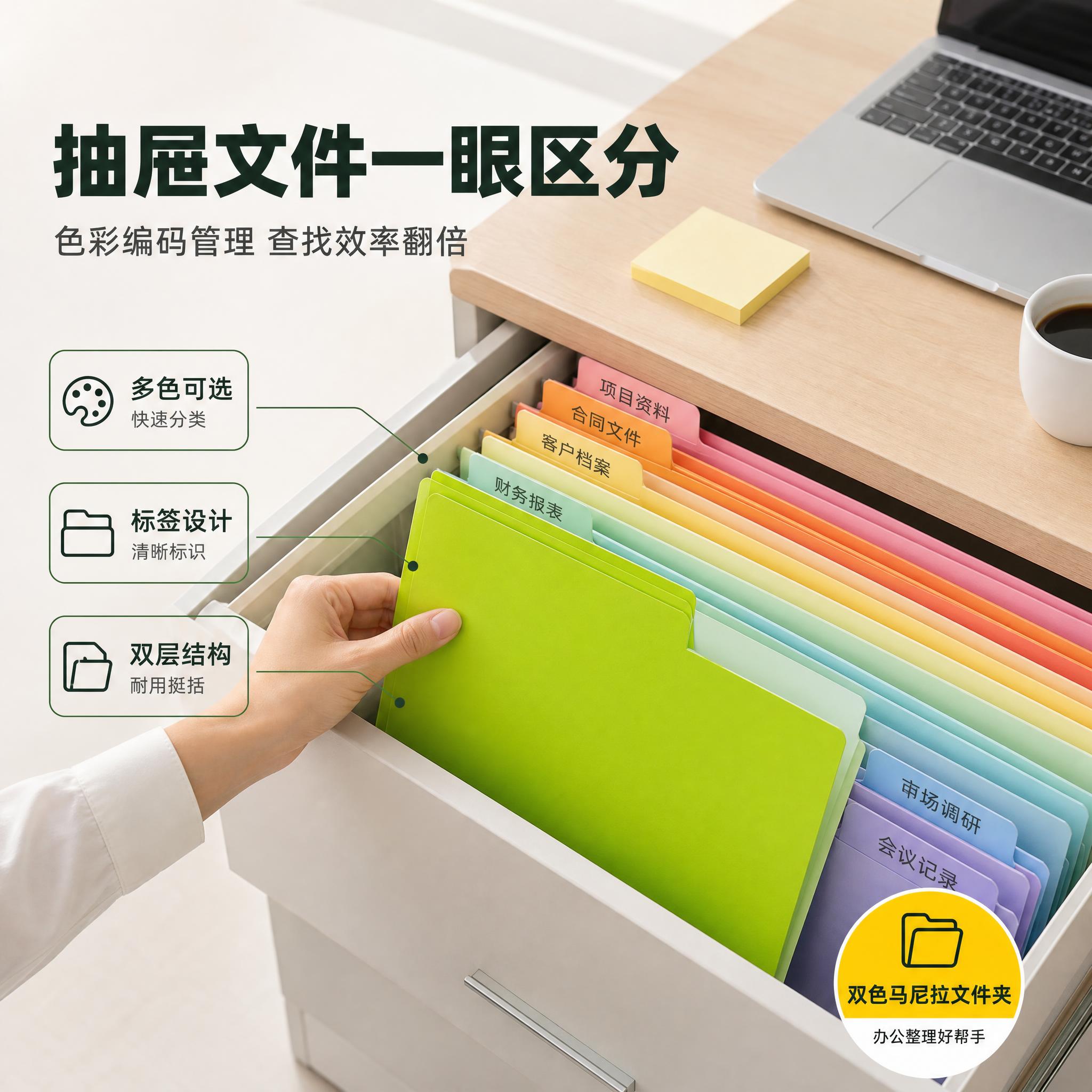 [主图-4] 双色马尼拉文件夹 真实办公桌面与抽屉色彩分类使用… - 图片创意预览