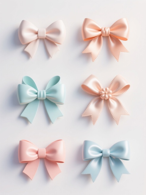 6个同系列礼物蝴蝶结装饰元素集合，每个元素保持白色浅色背景，整体色彩变换为不同明亮柔和色调，保留核心的交叉缎带和中心蝴蝶结结构，每个元素的蝴蝶结造型略有变化，有的蝴蝶结翅膀更圆润，有的更尖俏，有的缎带边缘有细微波浪纹，有的中心结饰更饱满，所有元素规整排布成对称网格状，具有高分辨率3D渲染质感，缎带呈现光滑细腻的丝绸光泽，带有轻微反光和自然阴影，整体设计简洁现代，适合作为装饰图案使用。预览效果