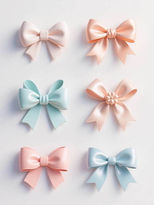 6个同系列礼物蝴蝶结装饰元素集合，每个元素保持白色浅色背景，整体色彩变换为不同明亮柔和色调，保留核心的交叉缎带和中心蝴蝶结结构，每个元素的蝴蝶结造型略有变化，有的蝴蝶结翅膀更圆润，有的更尖俏，有的缎带边缘有细微波浪纹，有的中心结饰更饱满，所有元素规整排布成对称网格状，具有高分辨率3D渲染质感，缎带呈现光滑细腻的丝绸光泽，带有轻微反光和自然阴影，整体设计简洁现代，适合作为装饰图案使用。