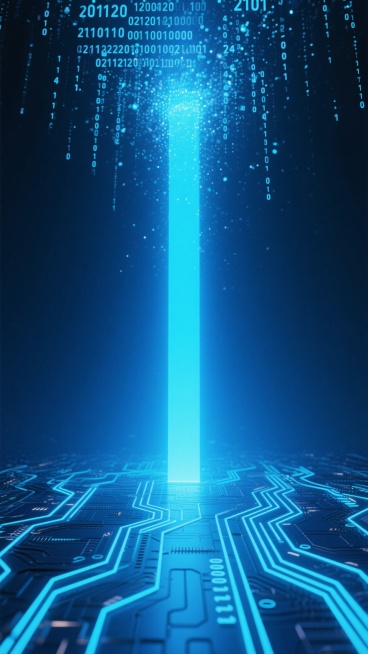 深蓝色背景下的赛博朋克风格3D渲染科技场景，画面顶部布满由0和1组成的二进制数字流，呈现出悬浮的粒子效果，中央有一道明亮的蓝色光束从上方垂直射下，照亮下方由蓝色发光线条构成的电路板纹理地面，地面上布满整齐排列的发光电路纹路和数字代码，整体光影效果具有强烈的纵深感和空间感，光线带有柔和的光晕和渐变，营造出神秘而充满未来感的科技氛围，色调以深蓝和亮蓝为主，色彩和谐统一，画面简洁大气，充满科技感和设……预览效果