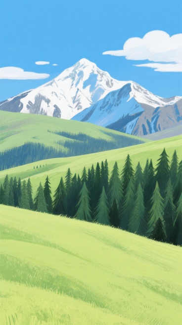 手绘风格的自然风景画，画面主体为层次分明的绿色草原，近处是起伏的浅绿色草坡，覆盖着细腻的笔触纹理，中景是茂密的深绿色松树林，呈现出明显的手绘线条感，远处是巍峨的雪山，山顶覆盖着白色积雪，山体用深浅不一的蓝色和灰色笔触勾勒，背景是纯净的蓝色天空，点缀着几朵白色云朵，整体色彩明快清新，光影柔和，展现出宁静悠远的自然氛围，具有手绘插画的独特质感和艺术表现力。预览效果