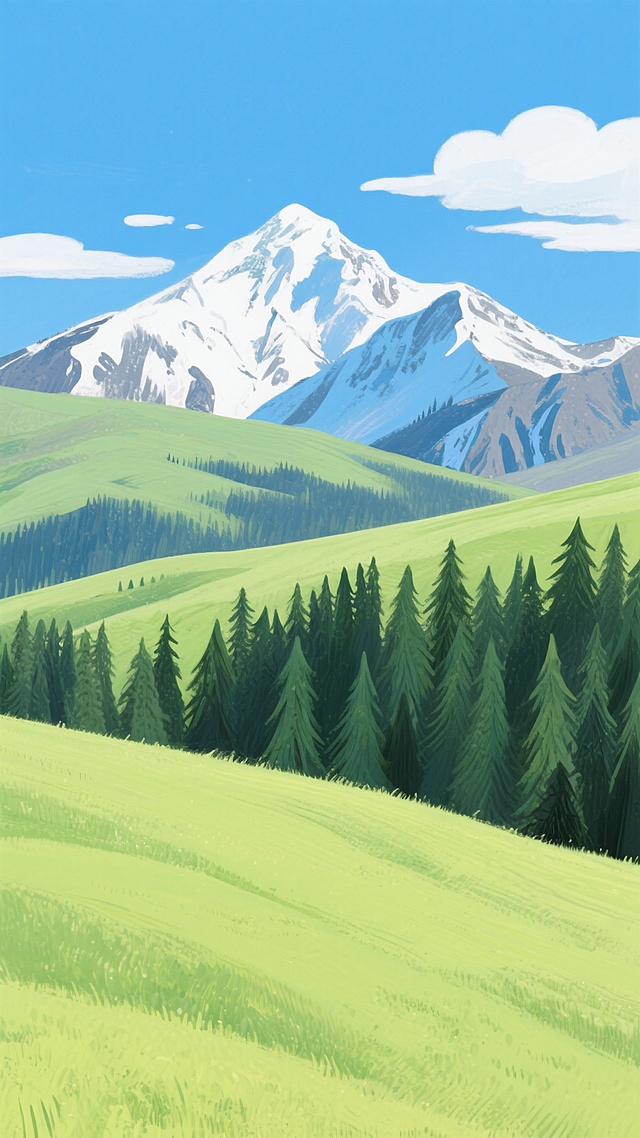 手绘风格的自然风景画，画面主体为层次分明的绿色草原，近处是起伏的浅绿色草坡，覆盖着细腻的笔触纹理，中景是茂密的深绿色松树林，呈现出明显的手绘线条感，远处是巍峨的雪山，山顶覆盖着白色积雪，山体用深浅不一的蓝色和灰色笔触勾勒，背景是纯净的蓝色天空，点缀着几朵白色云朵，整体色彩明快清新，光影柔和，展现出宁静悠远的自然氛围，具有手绘插画的独特质感和艺术表现力。