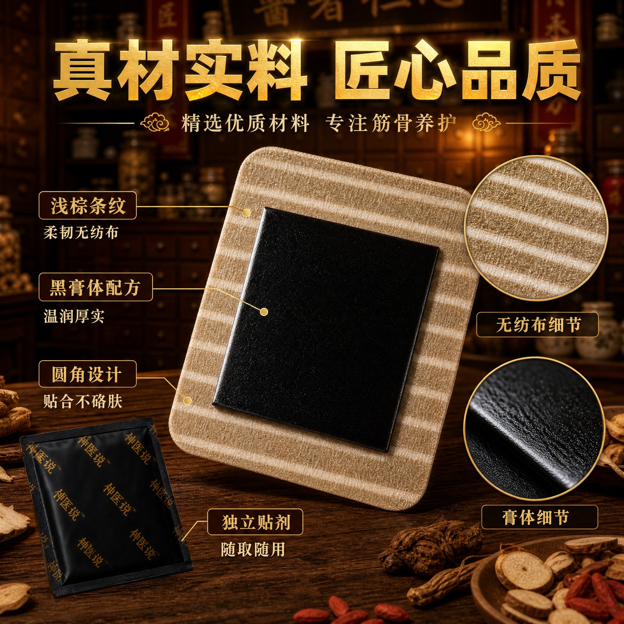 [主图-3] 材质细节卖点图，以中药铺场景为背景，中央产品特写… - 图片创意预览