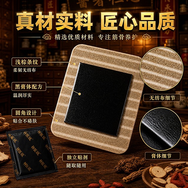 [主图-3] 材质细节卖点图，以中药铺场景为背景，中央产品特写加引线标注，品质种草。
[统一基调] 中医传统古朴质感，整体暖棕黄色调，与中药铺场景统一，金色烫金标题文字，深棕色材质标签，字体粗黑体标题+宋体副标题，信息直白醒目。
[画面] 背景为传统中药铺场景（木质药柜、瓷罐、暖黄灯光），整体画面做暗化和虚化处理以突出前景产品。画面中央前景木桌上摆放一张打开的筋骨贴大特写，占据画面中央约50%面积，清晰展示浅棕条纹柔韧无纺布的纹理质感和中间黑色方形膏体的温润光泽。贴剂呈45度角摆放，展示圆角边缘设计。画面右侧叠放2个圆形放大框：上方放大框展示无纺布条纹肌理细节，下方放大框展示黑色膏体质感细节。左下角放一袋独立包装贴剂，体现独立贴剂设计。桌面上有少量中药材点缀。
[光影质感] 微距商业摄影质感，场景暖黄灯光，柔和侧光突出无纺布的织物纹理和膏体的温润质感，圆角边缘有自然高光，材质细节清晰可见，整体高级有品质，与场景光影统一。
[配色] 整体暖棕黄色调与中药铺场景统一，标题金色，放大框金色细边框，说明文字米白色，材质标签深棕底金字。
[文字版式] 画面顶部大标题'真材实料 匠心品质'金色粗黑体大字，带外发光。贴剂旁边用细金色引线标注3个材质卖点：引线1指向无纺布'浅棕条纹 柔韧无纺布'，引线2指向膏体'黑膏体配方 温润厚实'，引线3指向边角'圆角设计 贴合不硌肤'。底部左侧独立包装旁标注'独立贴剂 随取随用'金色字。右侧两个圆形放大框下方分别标注'无纺布细节'和'膏体细节'金色字。文字清晰，引线不杂乱。
[输出要求] 1:1正方形，2048x2048，文字清晰可读，产品材质细节清晰，自然融入场景，无错字，无水印，无平台Logo，不破坏原场景氛围。
