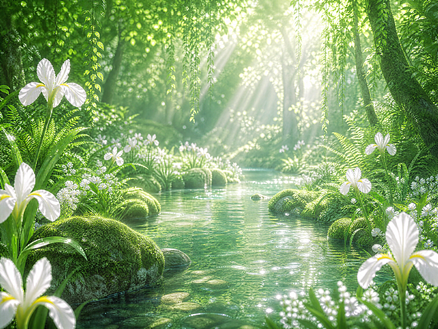 同原图风格色调，清新梦幻绿色系森林场景，保留白色鸢尾花元素，阳光透过叶缝洒下丁达尔光效，清澈溪水环绕，不同的森林场景，氛围感拉满，清新自然治愈