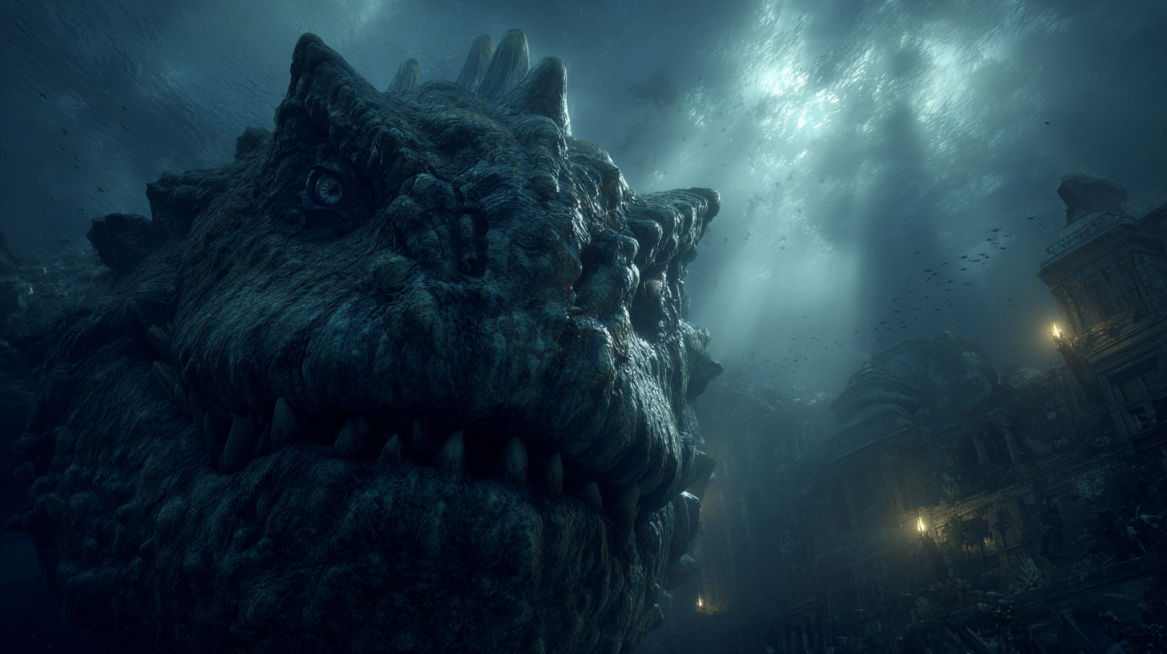 Myth theme, giant deep sea mythical beast, submerged ancient ruins in the background, huge size almo预览效果