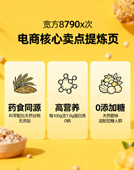 有设计感的电商核心卖点提炼页，将三个核心卖点做重点视觉呈现：1.【药食同源】科学配比天然谷物 无添加，2.【高营养】每100g含7.8g蛋白质 0钠，3.【0添加糖】天然甜味 适配控糖人群。每个卖点用预览效果
