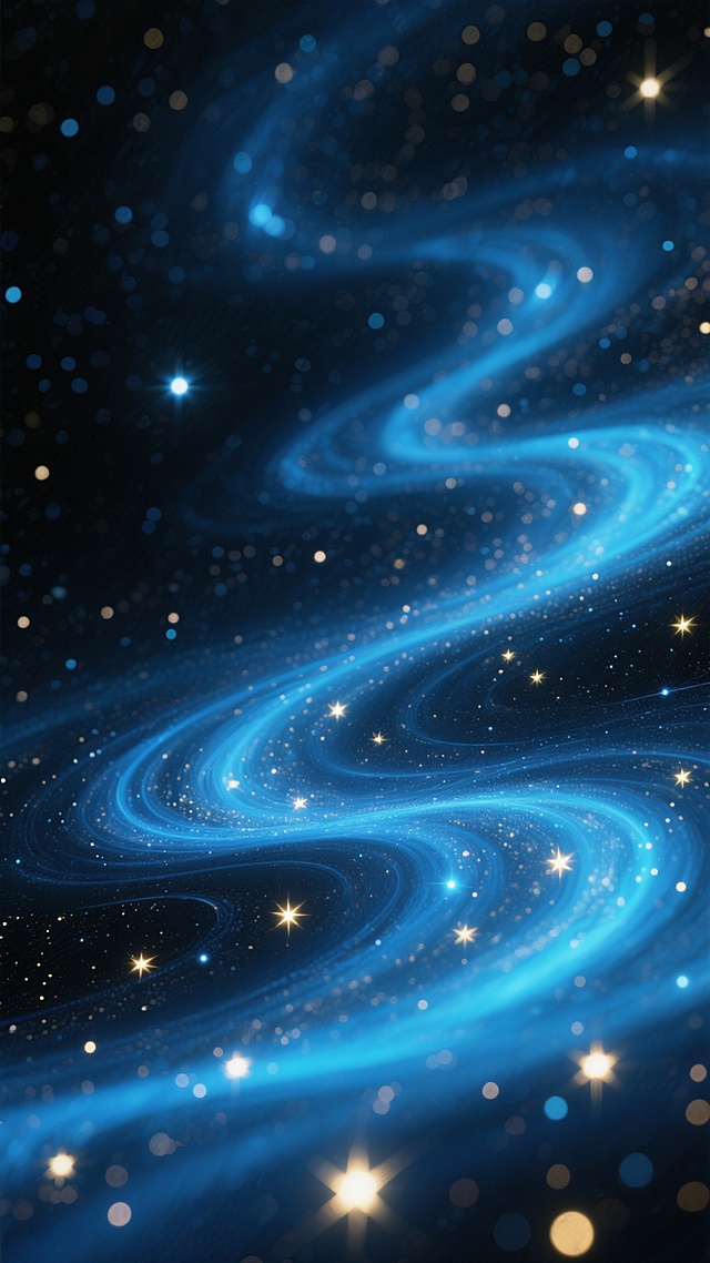 深邃神秘的宇宙星空背景，无数闪烁的星辰点缀在深蓝至黑色的渐变宇宙空间中，形成蜿蜒流动的星云状曲线结构，明亮的蓝色和金色恒星散布其间，整体呈现出深邃、浩瀚、梦幻的宇宙氛围，光影柔和，细节丰富，具有强烈的空间纵深感和静谧的神秘感。