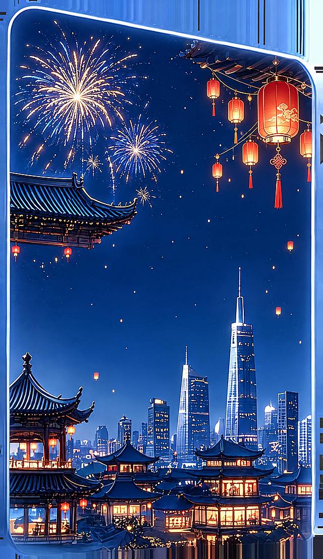 修改参考图：去除月亮、玉兔、桂花枝，替换为节日出行主题。保留深蓝色夜空色调、古建筑与现代城市天际线的构图和整体风格不变。左上角添加烟花效果，右上角替换为灯笼装饰，整体保持夜晚氛围和蓝金配色质感，画面比例与原图一致