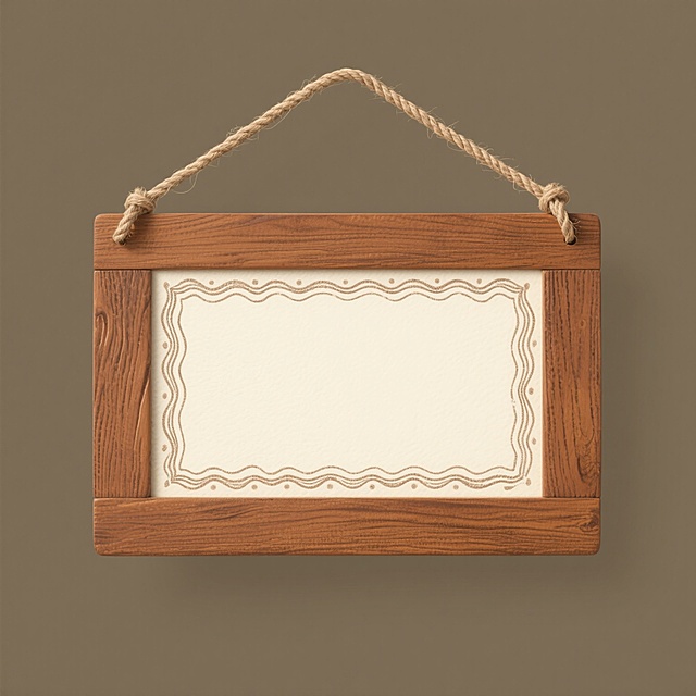 一个悬挂式木质指示牌，采用复古手绘风格，暖棕色木质边框带有细致木纹，中央为米白色空白面板，边缘装饰着连续的波浪形花纹，顶部配有麻绳挂绳，整体呈现出温馨质朴的乡村风格，简洁而富有设计感。