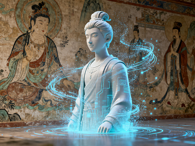 MG动画封面，壁画人物从平面变为3D模型，淡蓝色数据粒子环绕流动，带有粒子扩散效果，融合科技感和国风，中景构图，风格统一