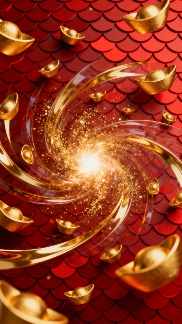 宏大的抽象艺术画面，主要元素是强烈的金红几何色块碰撞，无数金元宝的轮廓被解构成流畅的金色线条，在深邃的红色鱼鳞纹背景上交织、旋转，光线从中心爆发，照亮了细微的金粉，充满动感、奢华和力量，红色鱼鳞纹透明预览效果