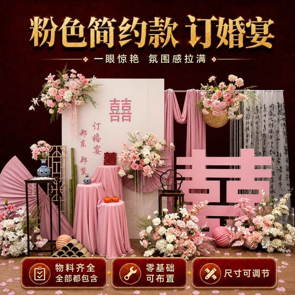 [商品] 使用【图1】粉色简约款订婚宴布置套装；保留粉色KT板… - 图片创意预览