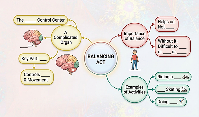 Create a beautiful mind map (can use bubble map or other suitable forms) based on the Balancing act content in the uploaded picture, with at least three levels of branches. Set key words as blank underlines for filling, do not copy original sentences directly. Add appropriate prompt arrows, keep clear logic, beautiful design and delicate picture, high definition output.