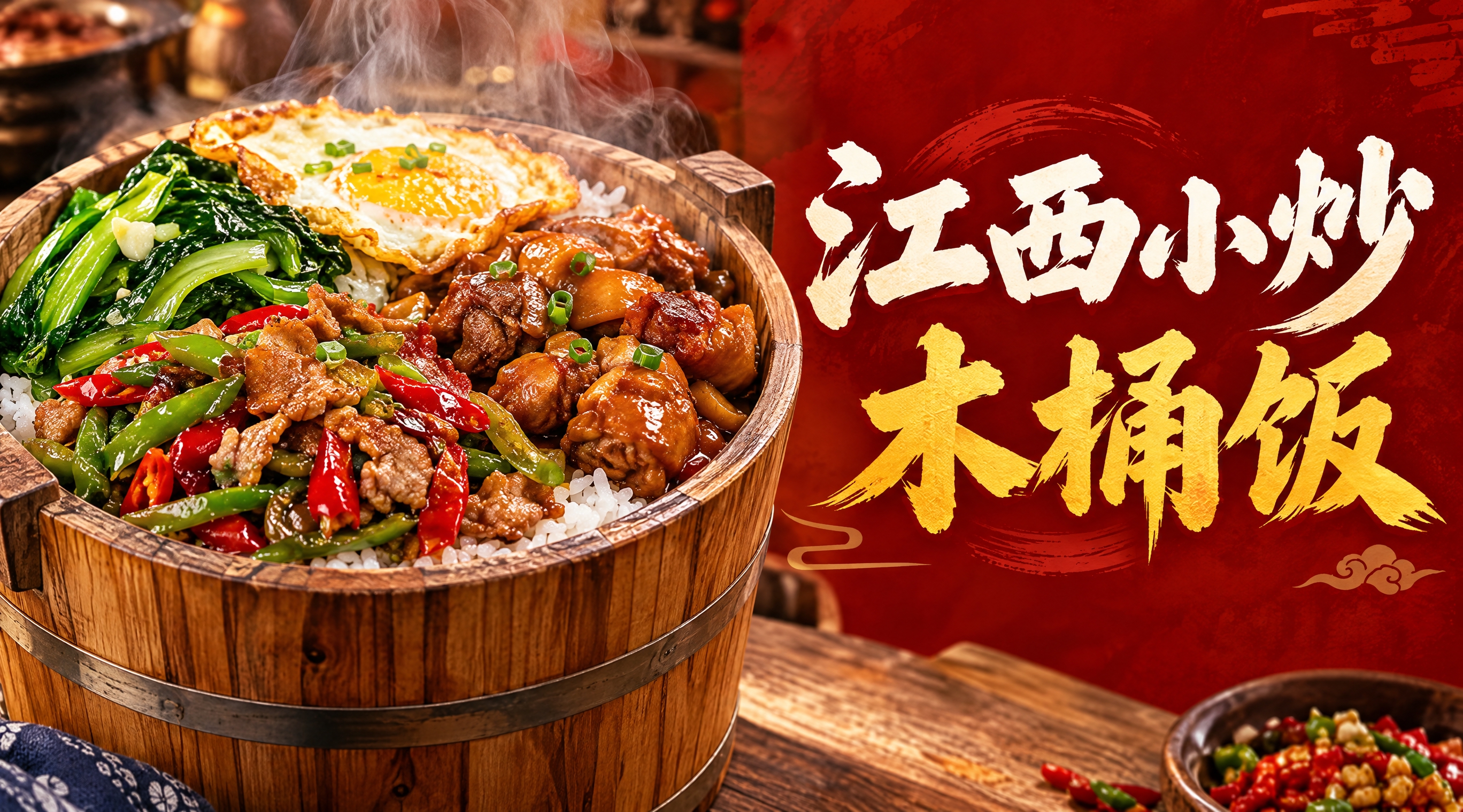 江西小炒木桶饭店招设计，写实美食摄影风格，画面左侧是一碗丰盛的… - 图片创意预览