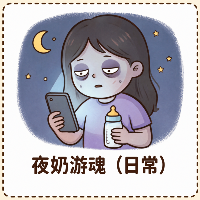 提取出第十二张表情包，内容是宝妈夜奶游魂，保留完整的图案和文字夜奶游魂（日常），背景保持深蓝色星空，正方形尺寸，清晰度不变，保留虚线边框预览效果