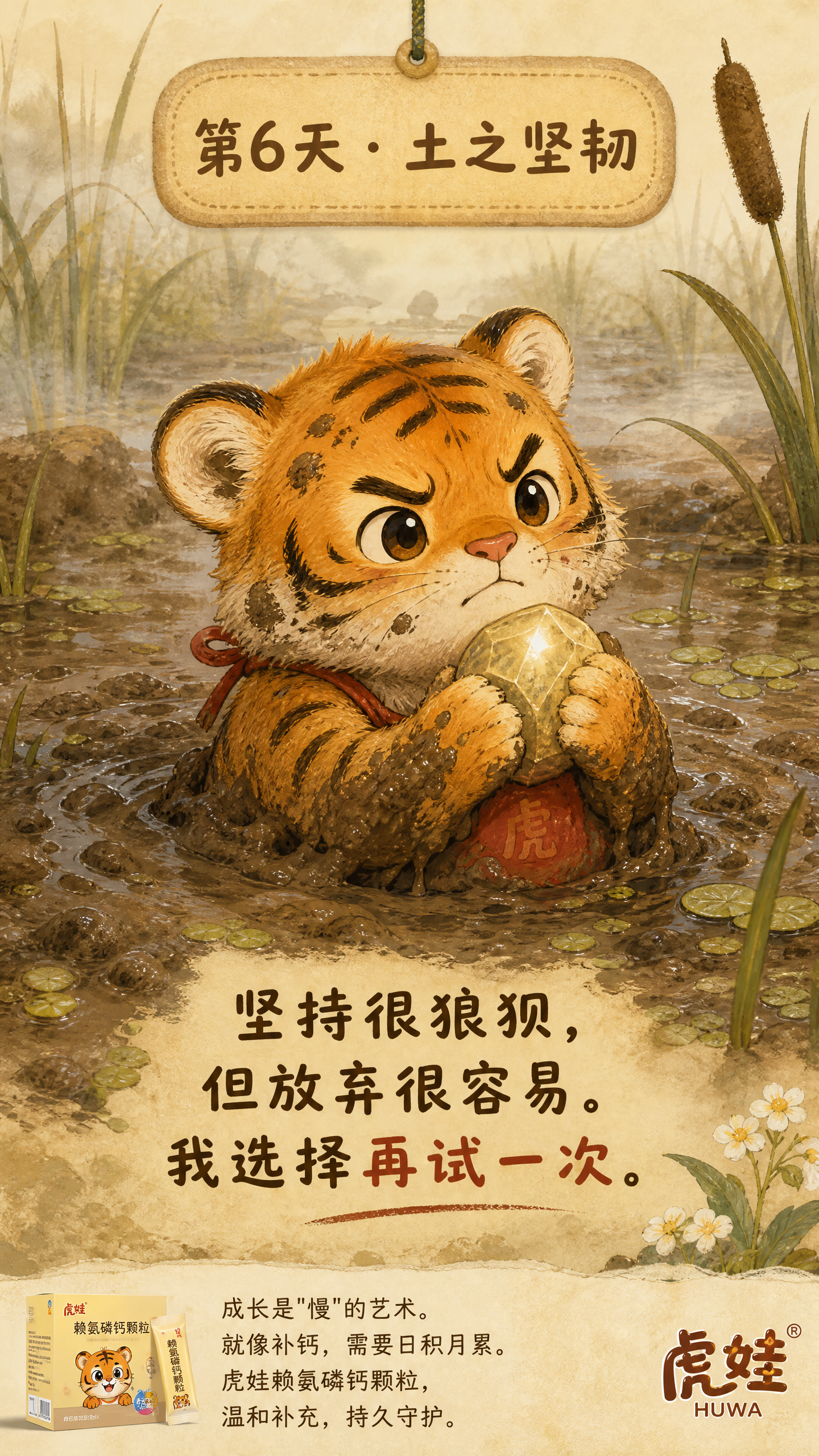 儿童绘本插画风格，土黄色调，9:16竖版每日一签海报。画面中央… - 图片创意预览