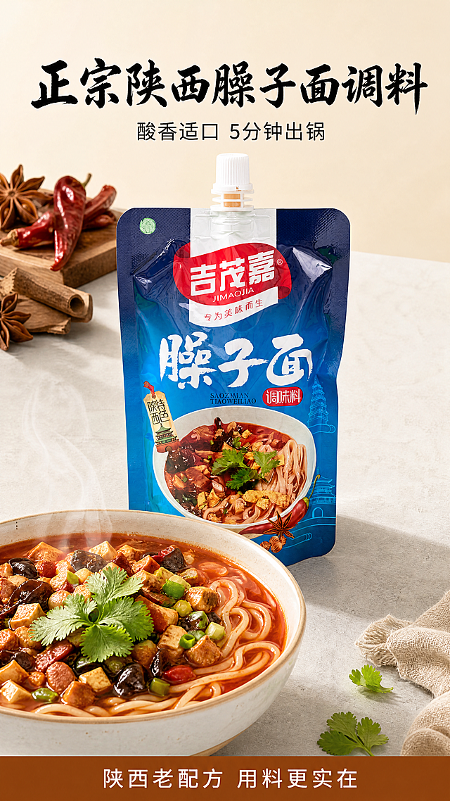 [第1屏] 详情页头图-吉茂嘉臊子面调味料新品宣传海报。本屏使用【图1】作为商品主体。
[氛围/风格] 简单大气陕西特色风格，接地气，符合拼多多平台风格，商业摄影质感，暖色调食欲感强。
[元素布局] 吉茂嘉臊子面调味料包装放在画面偏中下区域，占据画面65%-70%主体大小。保持包装袋的物理结构、材质质感、颜色、文字排版与输入产品图一致。前景放置一碗做好的臊子面特写，热气腾腾，背景搭配浅灰色厨房台面，左上角点缀八角、辣椒、桂皮等香辛料装饰，整体干净饱满。
[光影质感] 左上方柔和主光照亮产品包装和臊子面，右下方形成自然投影，整体明亮通透，产品边缘清晰真实，突出油润的汤感和食材新鲜感。
[配色色系] 全局底色：#F5F0E6（米黄土色）；主体配色：包装原有蓝色+臊子面红亮汤汁+香菜绿色；辅助色：#8B4513（香料棕色）+#111111（标题黑）。
[视角构图] 正面平视，产品位于中下区域，上方预留充足标题空间，前景臊子面增加食欲层次，背景干净不抢主体。
[文字版式] 上方主标题「正宗陕西臊子面调料」，黑色书法风格字体，居中对齐，字号为画面宽度8%-10%。副标题「酸香适口 5分钟出锅」，黑色常规字体，居中在主标题下方，字号约主标题40%。底部浅棕色信息条标注「陕西老配方 用料更实在」，白色文字居中，文字不遮挡主体产品。全套使用书法风格标题字+无衬线正文字，字色仅黑和白两种，标题纯色填充，风格统一。
[比例分辨率] 9:16竖版比例，4K分辨率，文字清晰可辨，超高清。
[负向提示词] 包装变形，文字错乱，颜色偏差，水印，产品图模糊，背景杂乱，调料包装结构错误，过度夸张促销