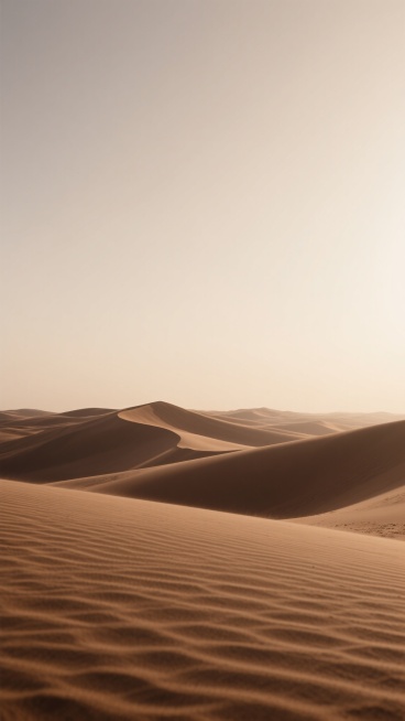 极简洁净的沙漠背景，晨光轻洒，棕褐沙丘纹理清晰，沙粒近景分明，远际朦胧，流畅波浪线沙丘，光影明暗有致，淡米天空与沙地相融，原始纯粹自然沙景。预览效果