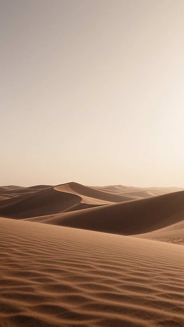 极简洁净的沙漠背景，晨光轻洒，棕褐沙丘纹理清晰，沙粒近景分明，远际朦胧，流畅波浪线沙丘，光影明暗有致，淡米天空与沙地相融，原始纯粹自然沙景。